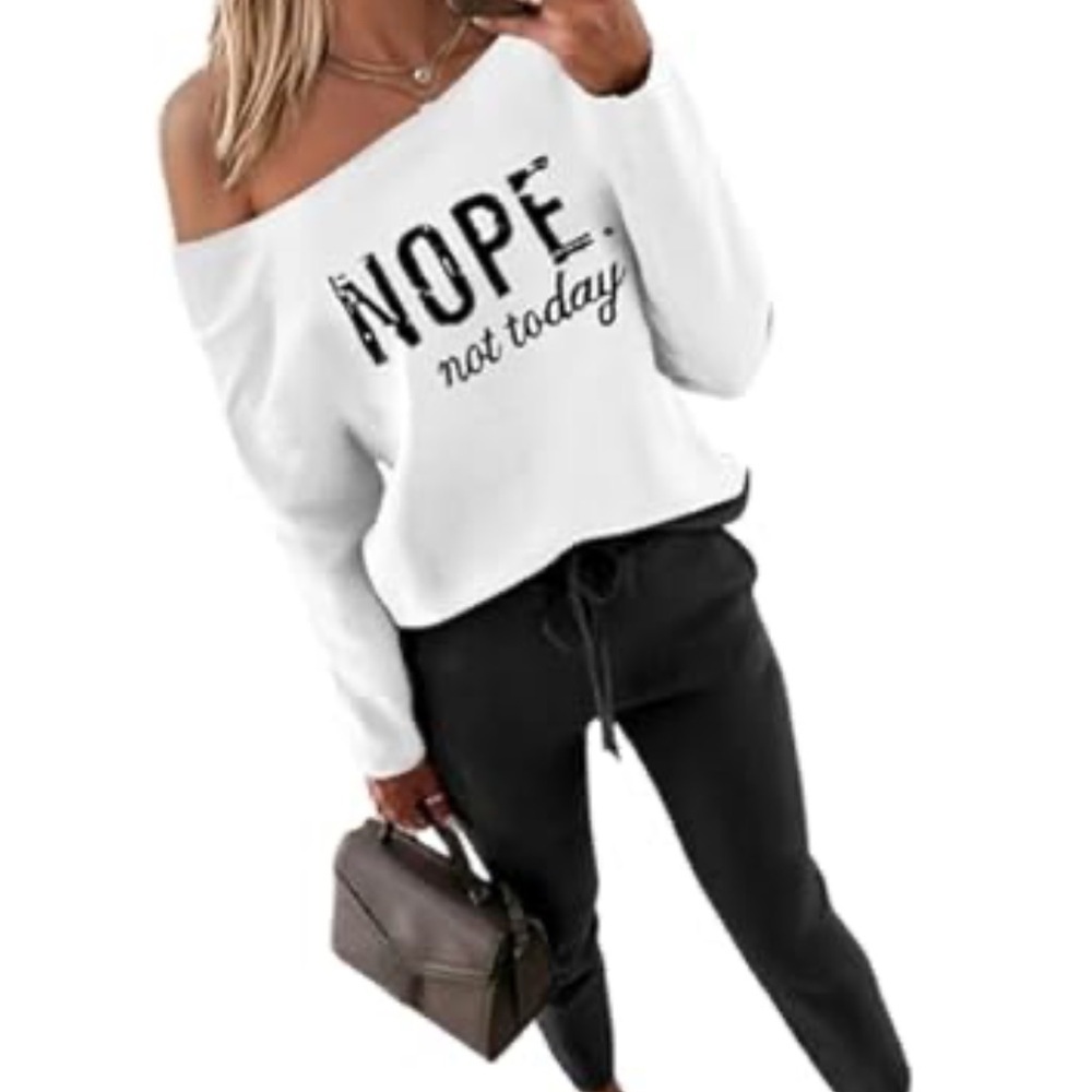 ChicMe "NOPE. Not Today" Off-the-Shoulder White/Olive Green  Sweatshirt - XL